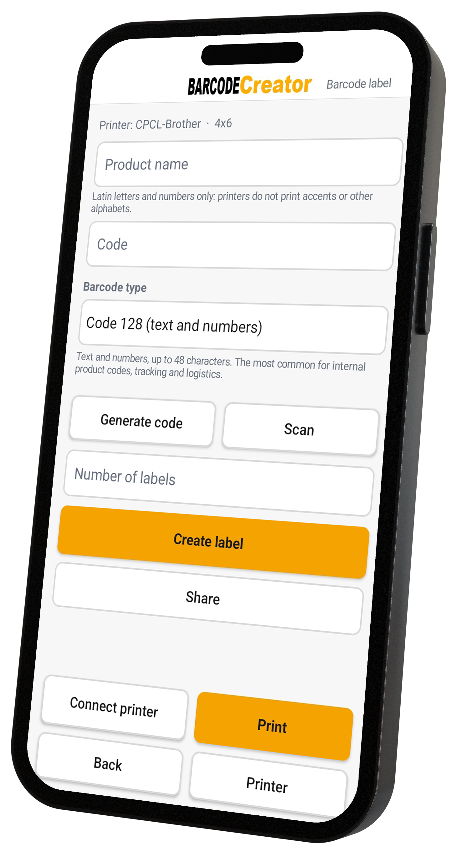 Barcode Creator en el celular generando e imprimiendo una etiqueta con código de barras